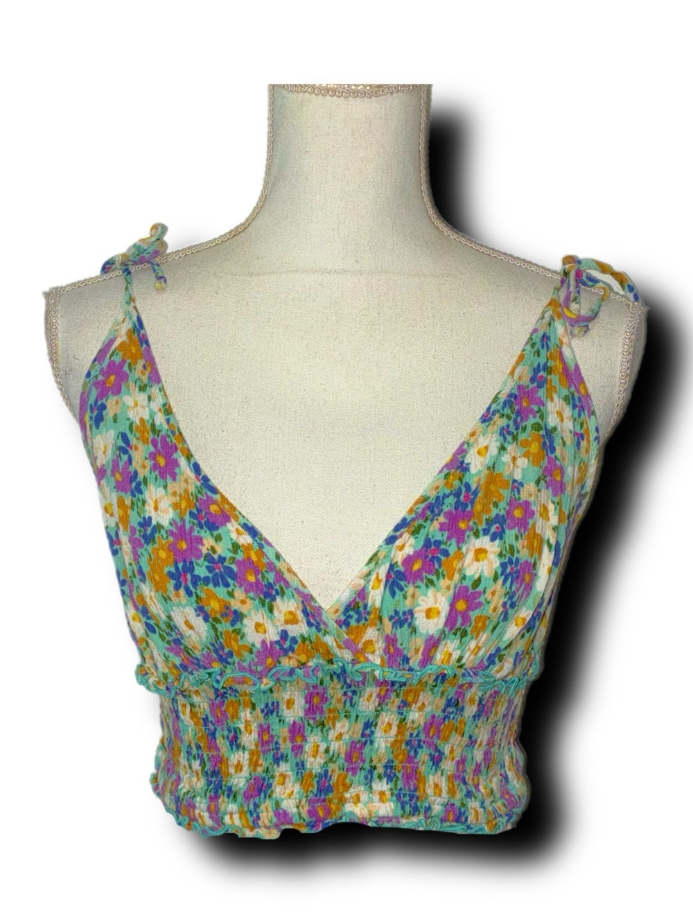 Patrons of Peace Floral Smocked Tie-Shoulder Crop Top Boho Hippie Festival Vibes